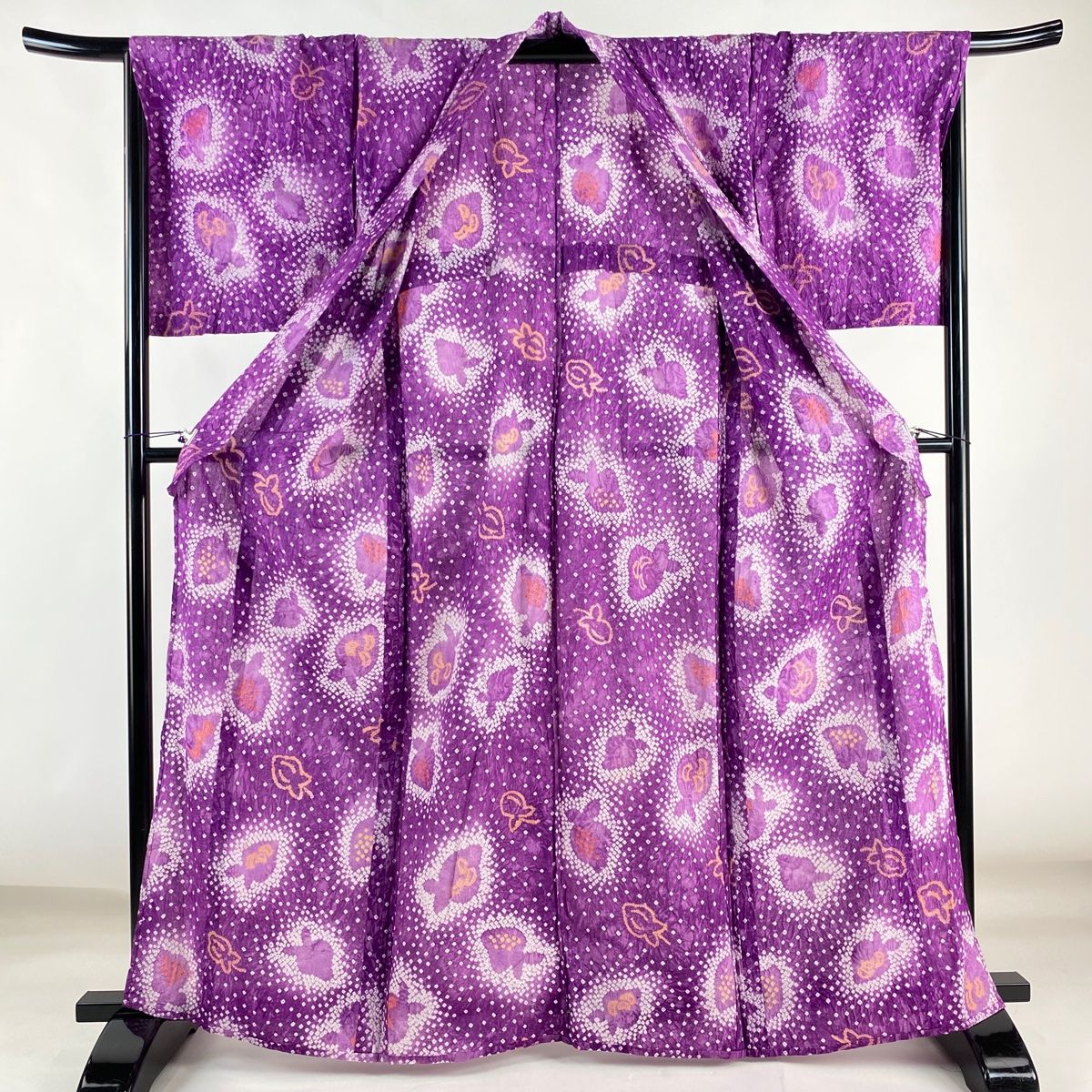 浴衣 身丈160.5cm 裄丈69cm 引き起こす L 絞り浴衣 幾何学 紫 綿 名品  