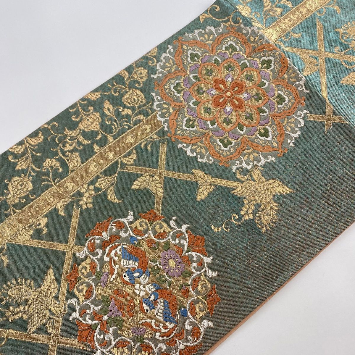 袋帯 美品 秀品 七宝華文 鳥 金銀糸 唐織 灰緑 六通 正絹 中古