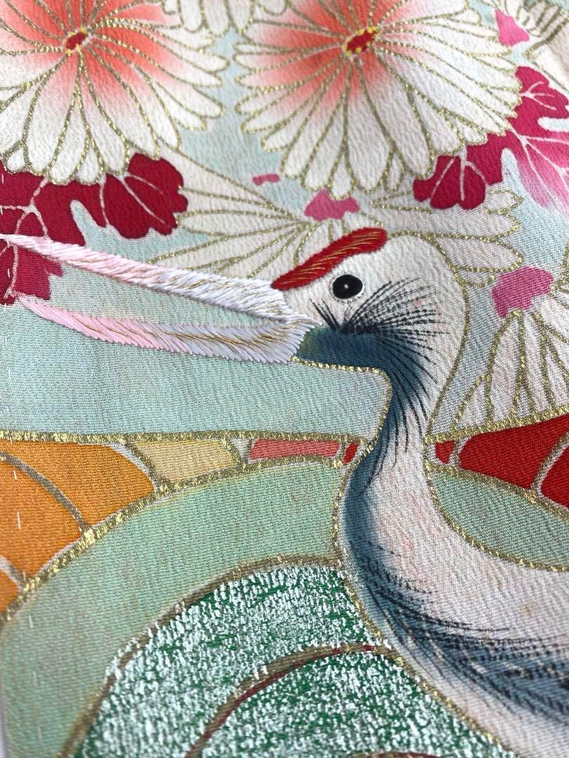 アンティーク 振袖 金駒 金彩 銀彩 刺繍 鶴 正絹 身丈167cm 紋付