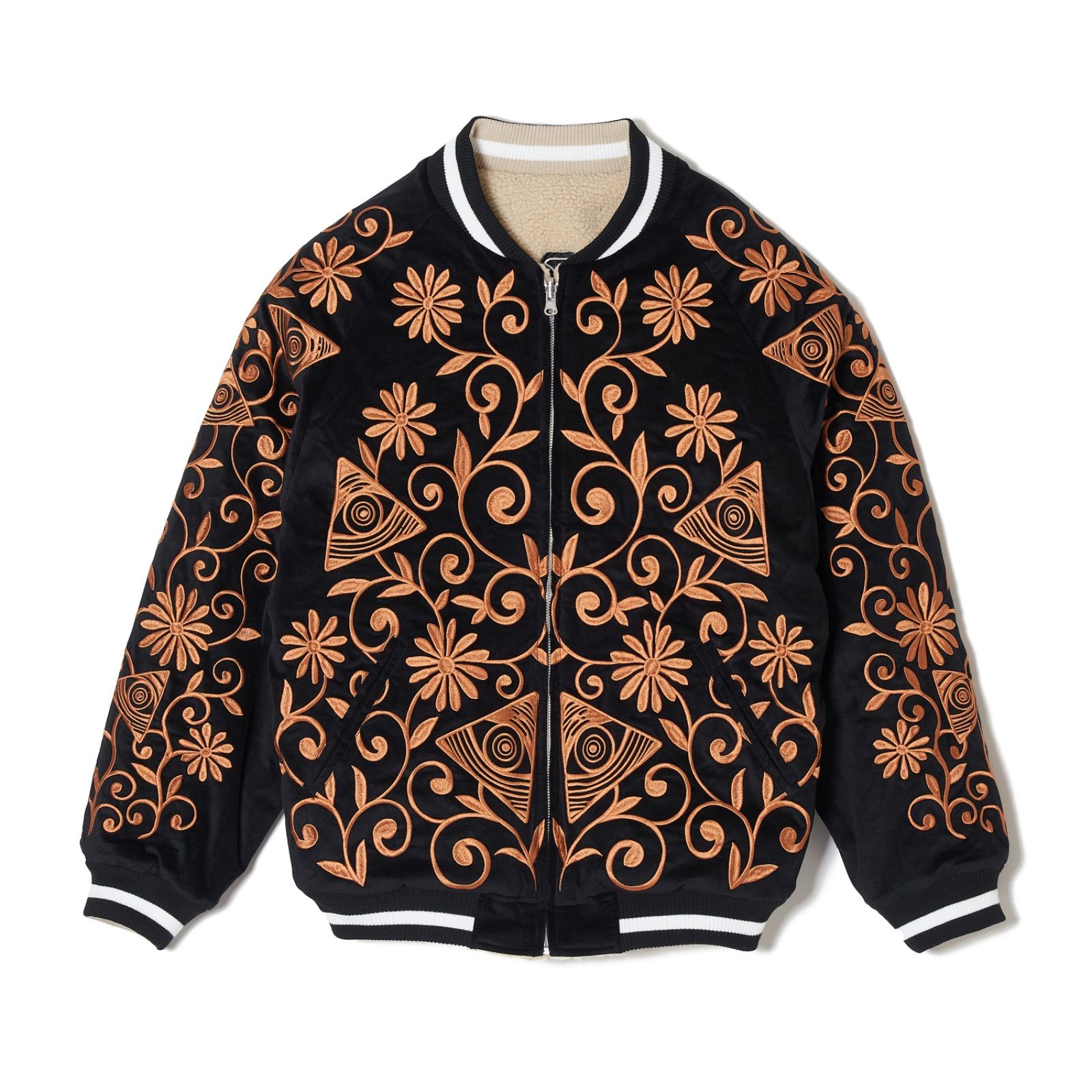 MAYO BONES EMBROIDERY REVERSIBLE BOMBER JACKET - BEIGE × BLACK 