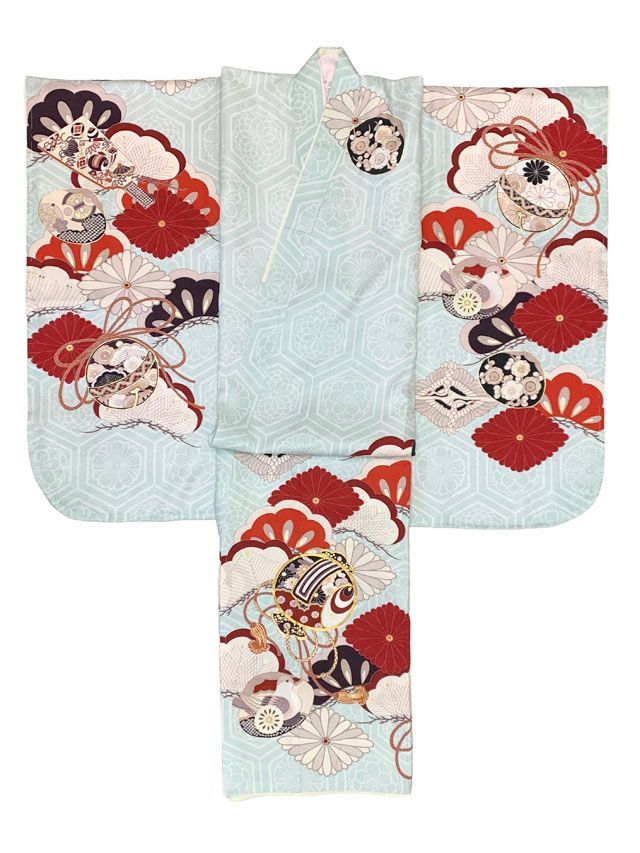 七五三 着物 7歳 紅一点” ブランド 女の子用 正絹 単品 水色系 宝尽くし K107-SP42tan