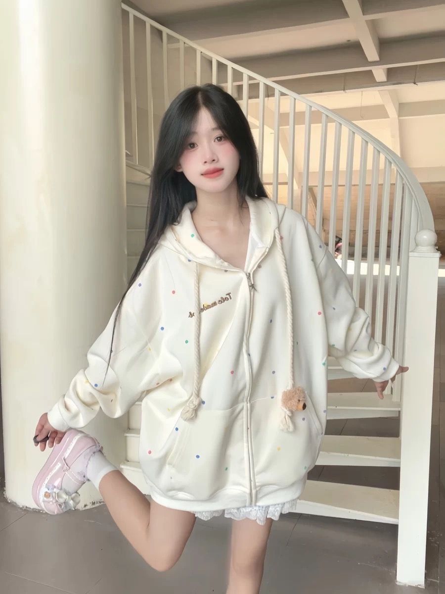 送料無料 秋冬 くま柄 ドット柄 ジップアップパーカー カジュアル 裏起毛 トレーナーYR