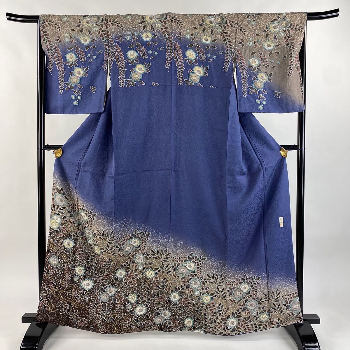 訪問着 身丈165cm 裄丈65cm M 袷 ますいわ屋 落款 辻が花 流水 金彩 ぼかし 青灰色 正絹