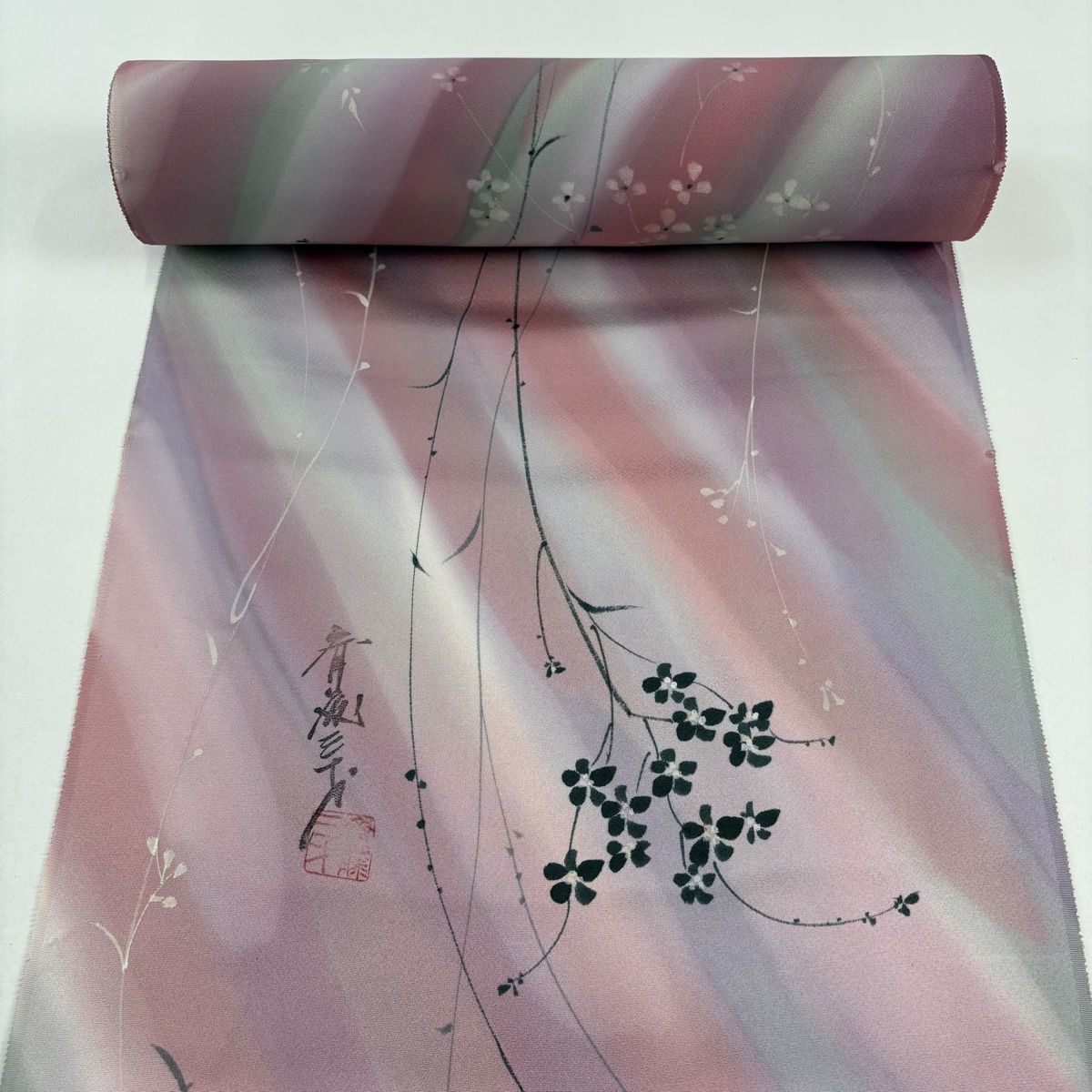 反物 秀品 小紋 落款有 斉藤三才 枝花 薄紫 正絹