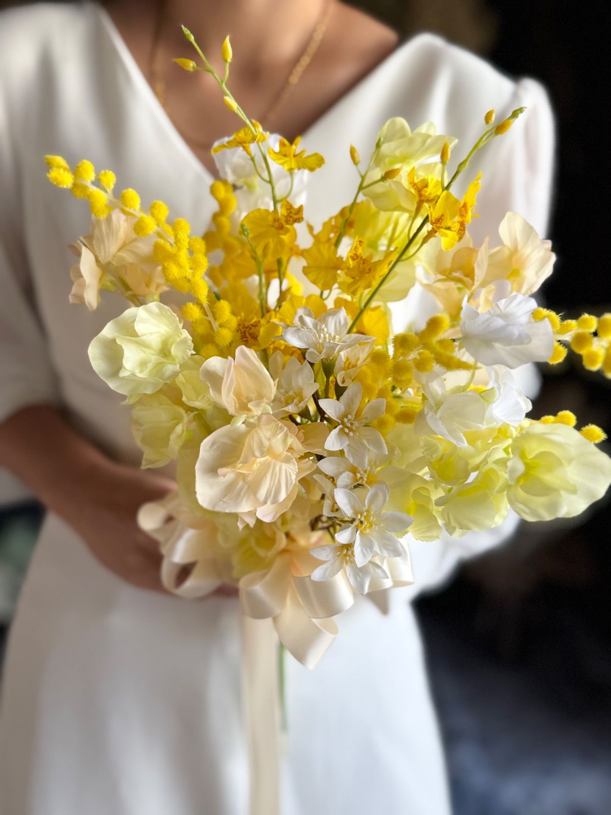 ミモザ×スイートピークラッチブーケ☆ブートニア