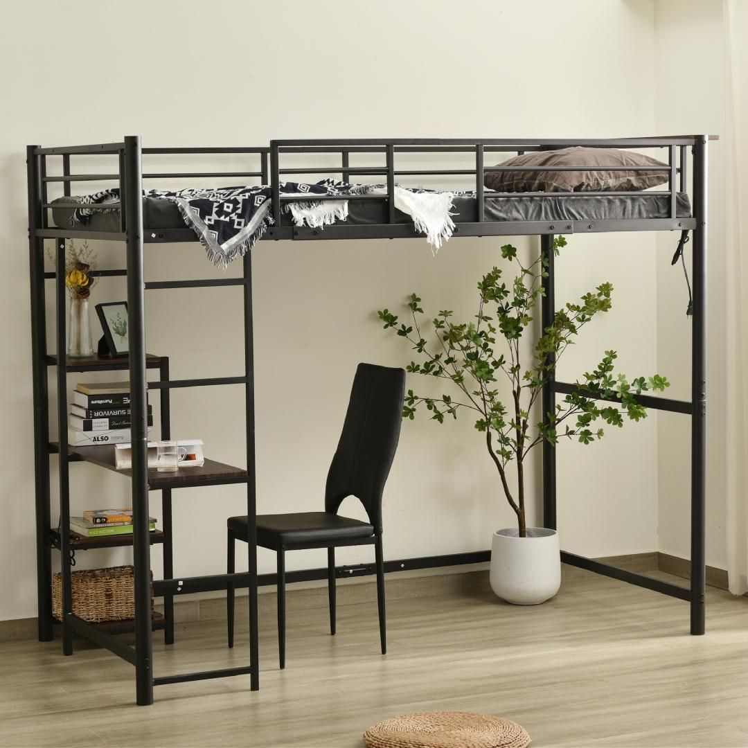 コンセント付きロフトベッド高さ170送料無料 スチール 耐震 ベッドBLACK