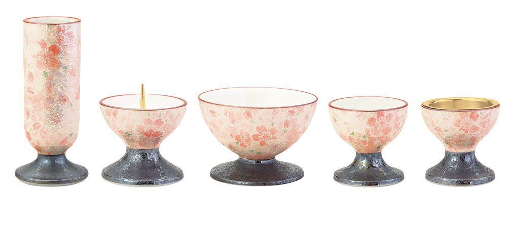 サンメニー 和 モダン 仏具 5点セット 本格 有田焼 インテリアに馴染む おしゃれ お花 ろうそく 線香 お茶 ご飯 仏具 現代仏壇 お仏壇 仏具小物 彩花 雅桜ピンク フラワースタンド キャンドルスタンド インセンスホルダー タンブラー