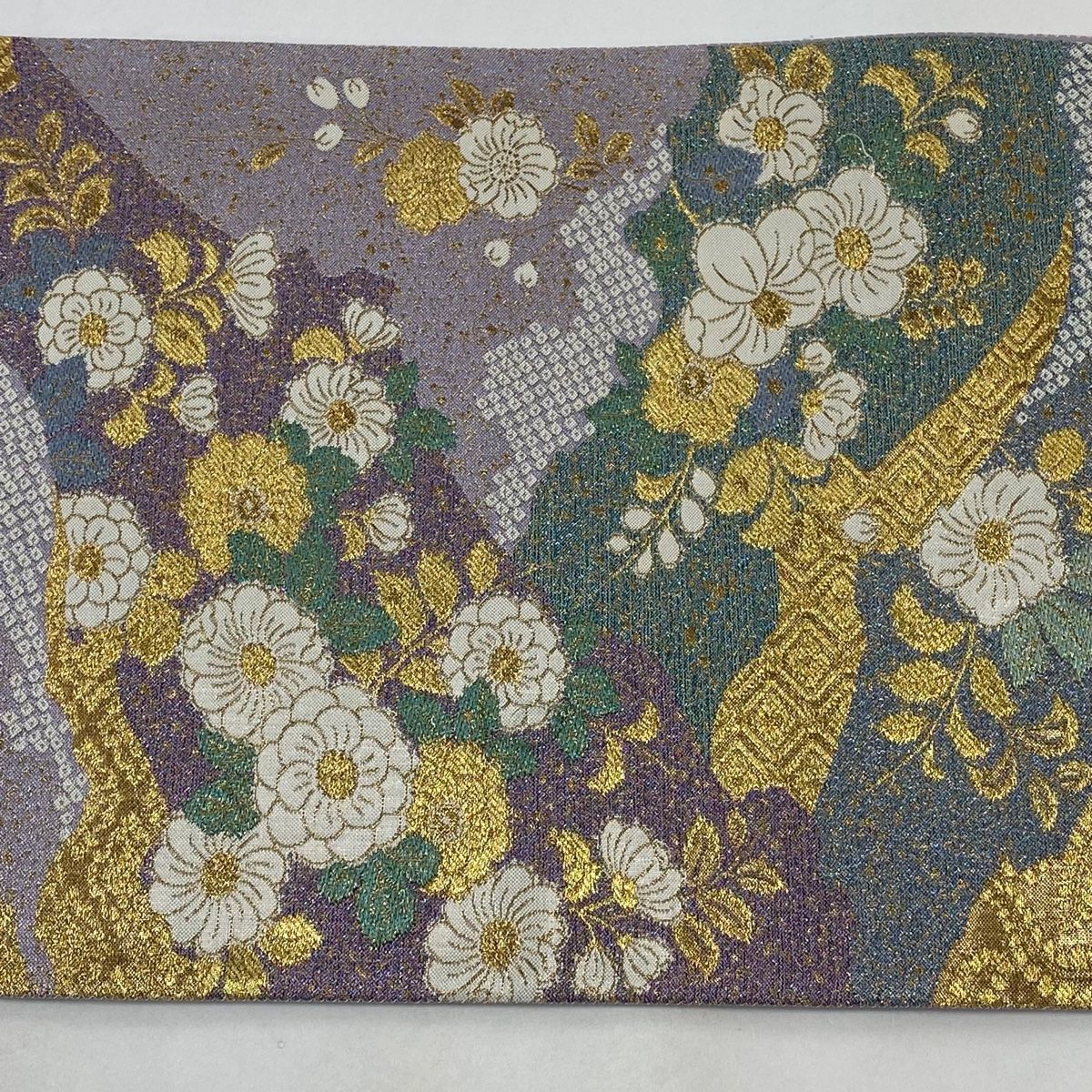 袋帯 美品 秀品 辻が花柄 有職文様 金銀糸 箔 薄紫 六通 正絹 【中古