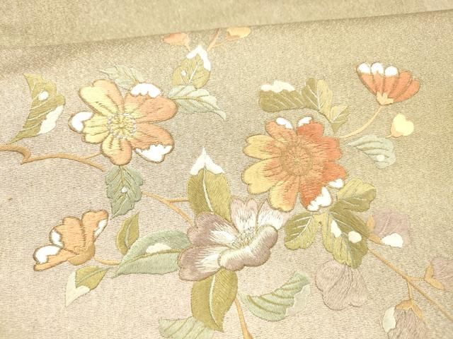 平和屋着物○九寸名古屋帯 総刺繍 枝花文 金銀糸 銀