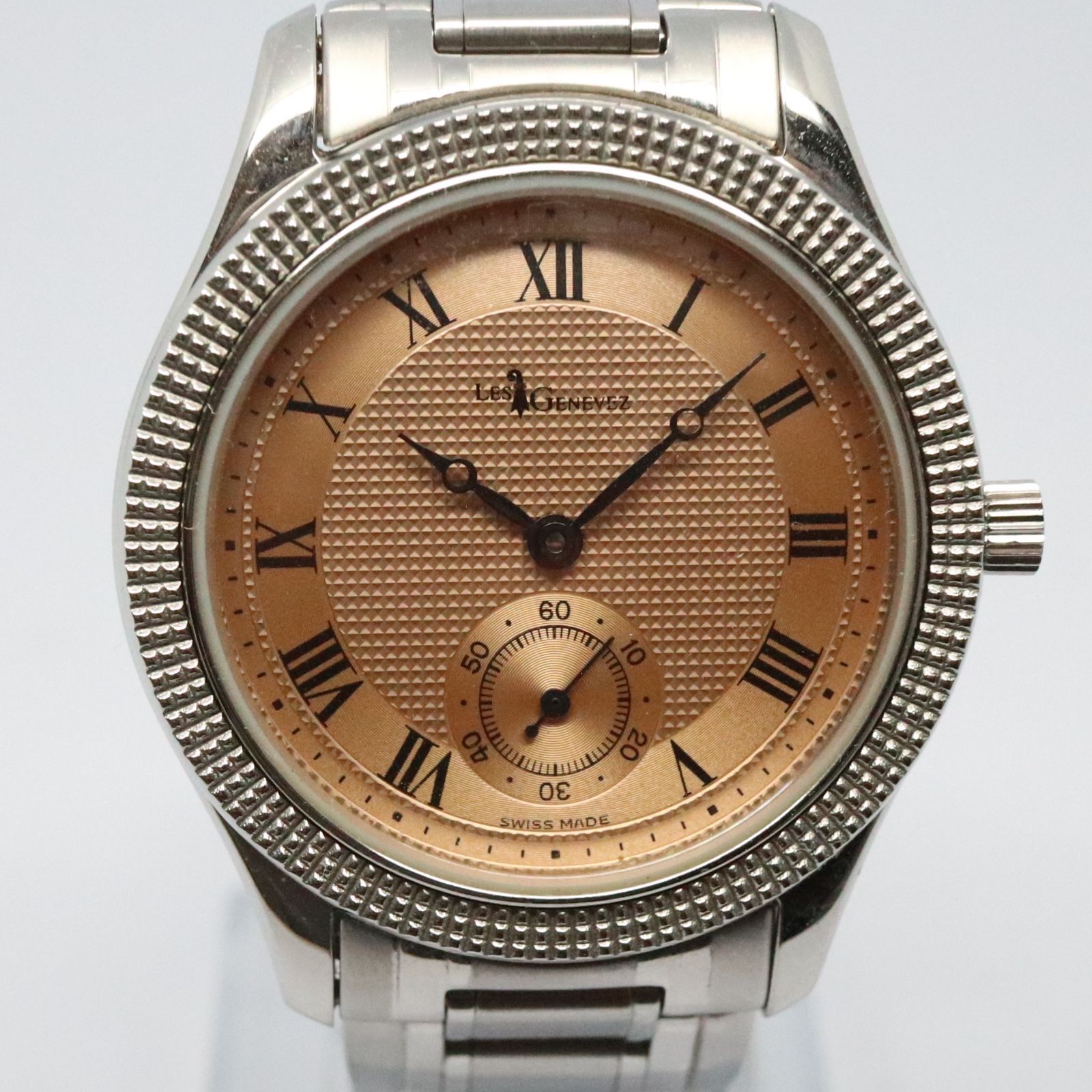 稼働品】LES GENEVEZ レジェネベ 72007 サーモン文字盤 スモセコ 手 