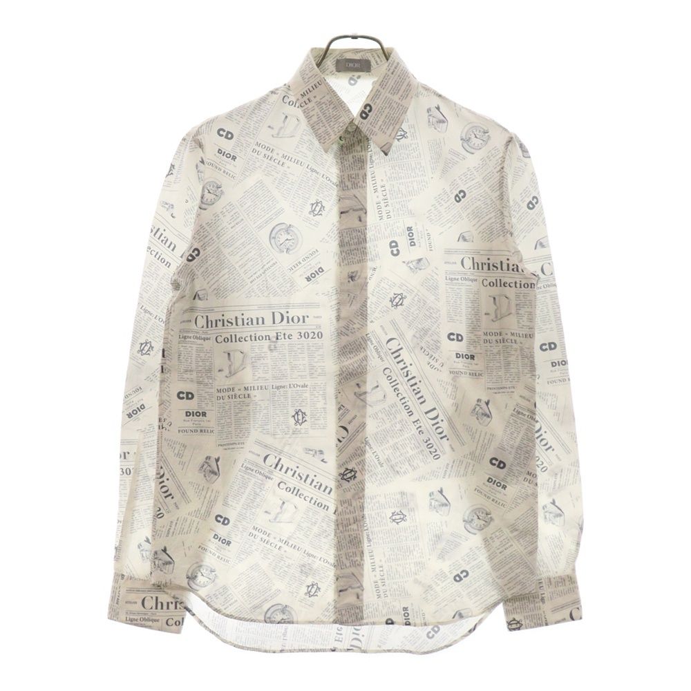 DIOR (ディオール) 20SS DANIEL ARSHAM news paper ダニエル アーシャム ニュースペーパー 総柄 プリント 長袖 ドレス シャツ ホワイト 59427 013C501A4834