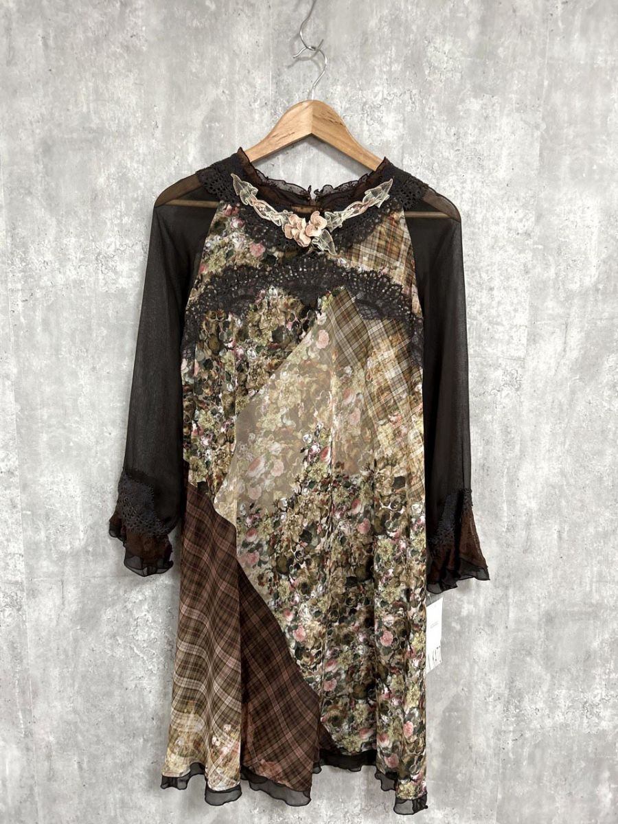 ジン カトー ZIN KATO シアー 花柄 チェック Iライン ワンピース sizeS|茶 ◆◎レディース