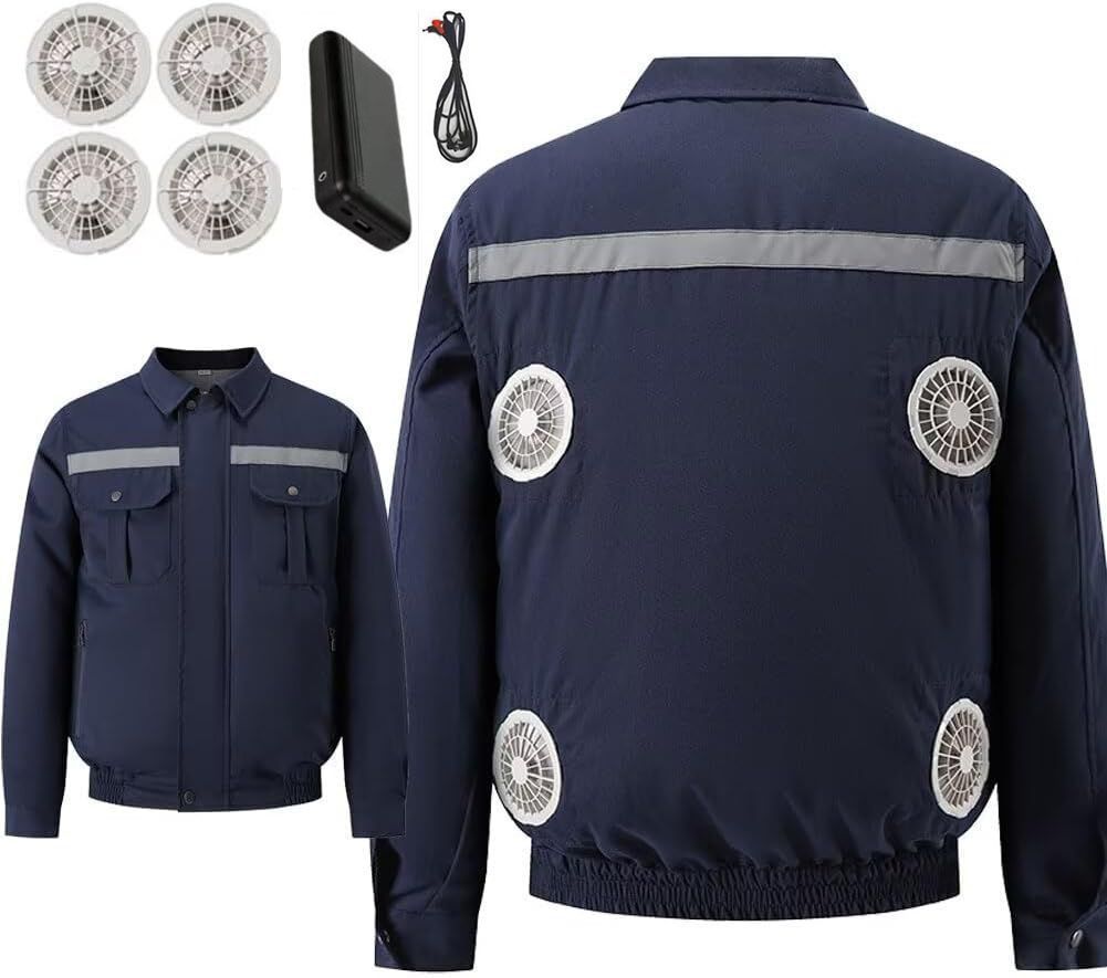 4ファン付き 空調作業服 20000mAh ファンバッテリーセット空調ウェア ファン4つ付き 4段階風量 7.4V 反射ストライプ付き 作