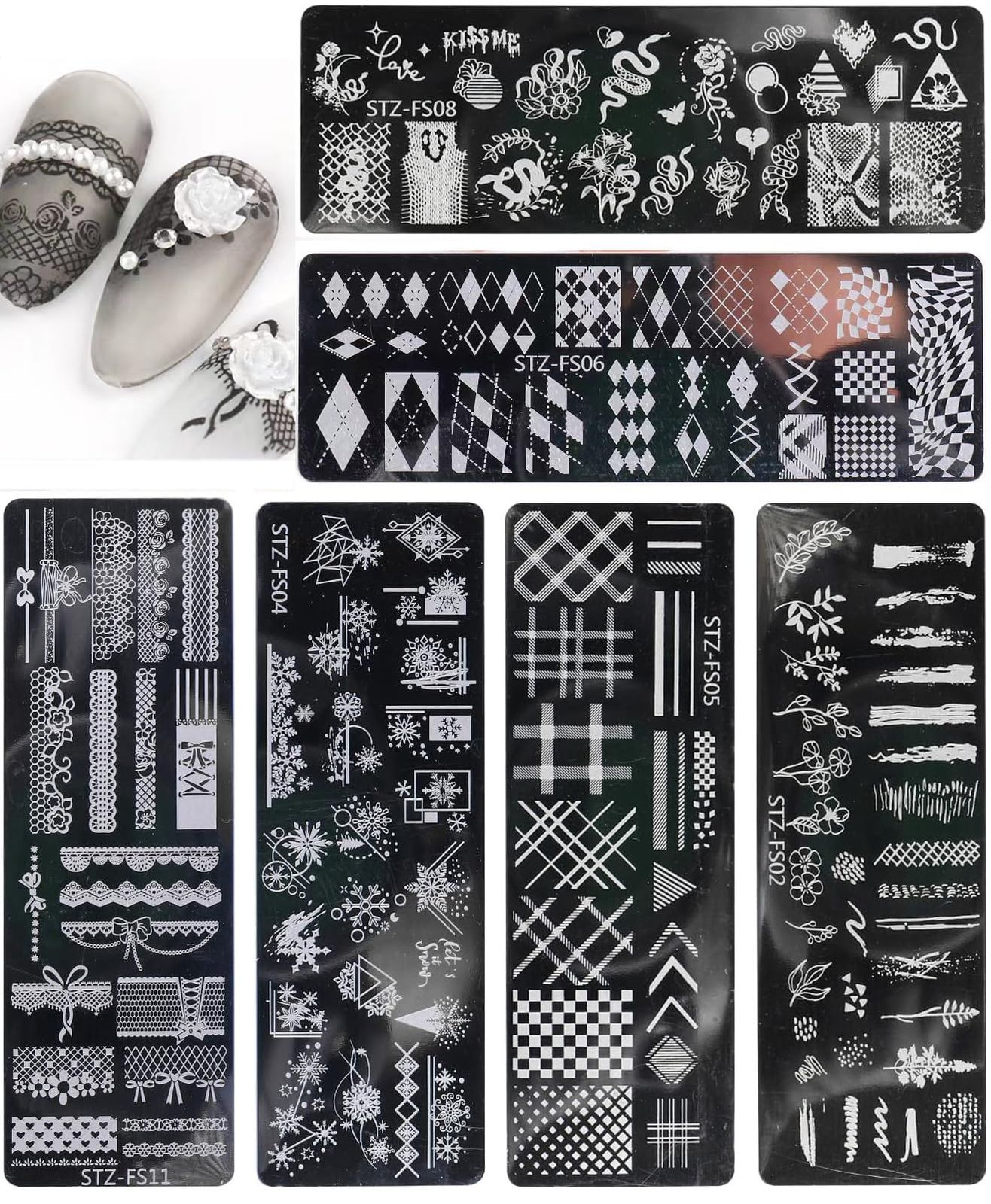 ネイルプリントステンシル ネイルスタンピングプレート 花 葉 格子縞 ヘビ レース 雪の結晶 デザイン 不規則毎日のDIYネイルアートデザインのニーズを満たすファッショナブルなパターン セット