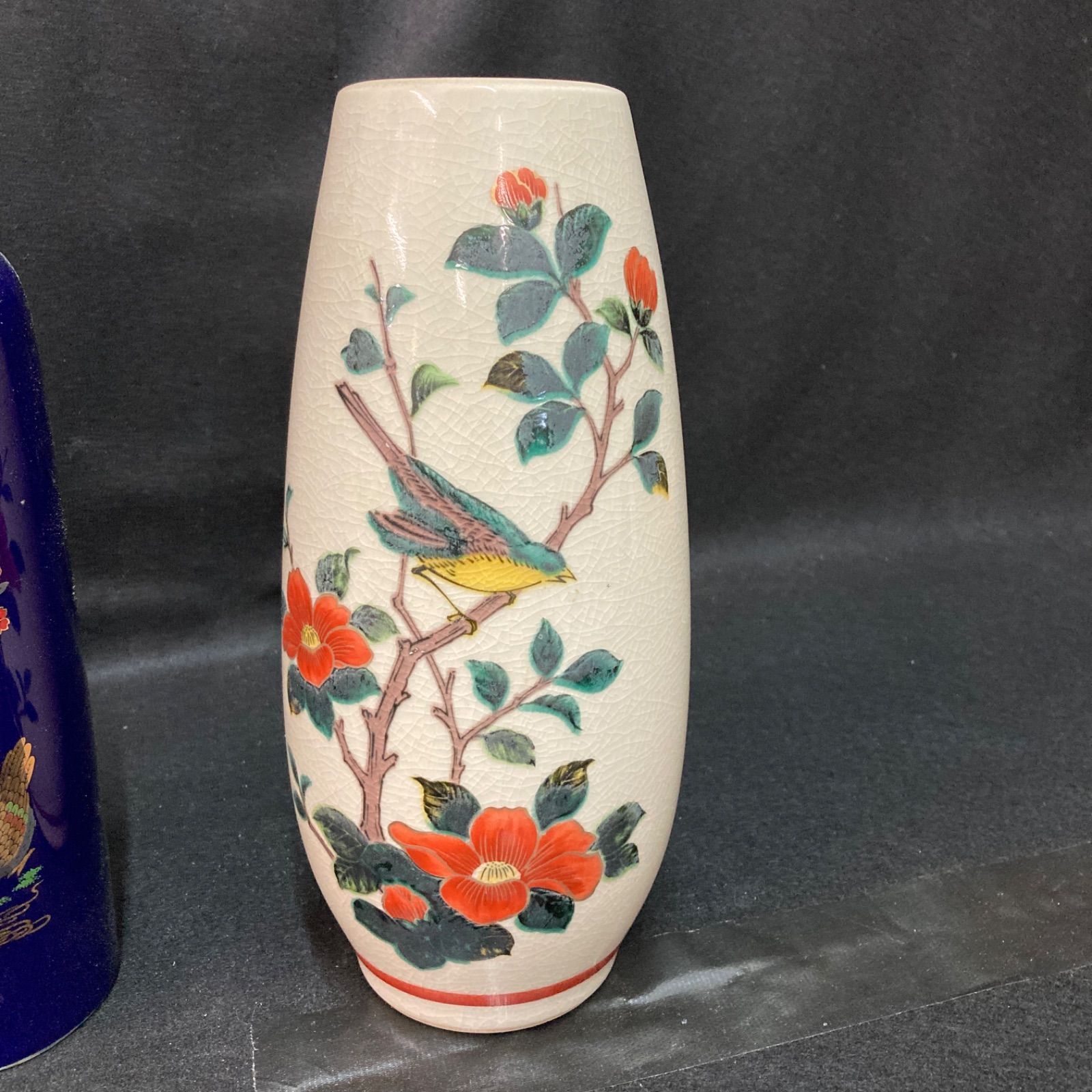 花瓶 4点セット 九谷焼 鶯 紺色花瓶（色絵の磁器「孔雀の花鳥図