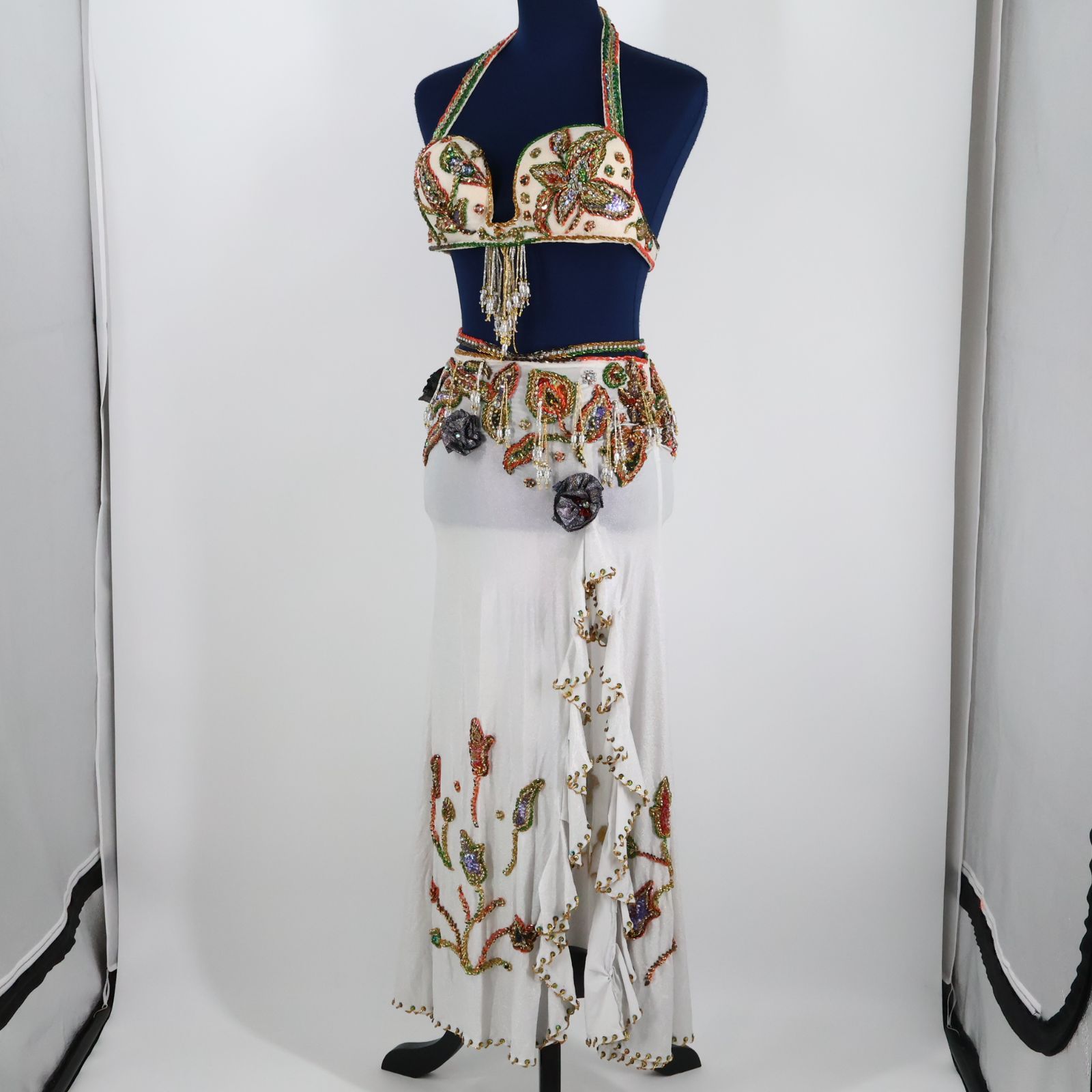 ベリーダンス用 オリエンタル衣装】ホワイト ラインストーン ビーズ