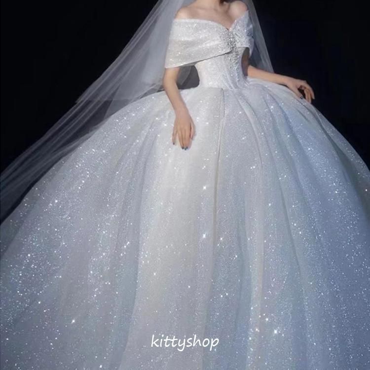 ● ウェディングドレス 二次会ドレス オフショルダー サテン ロングドレス 花嫁ドレス 白 トレーンドレス 海外挙式 ホワイト ボートーネック