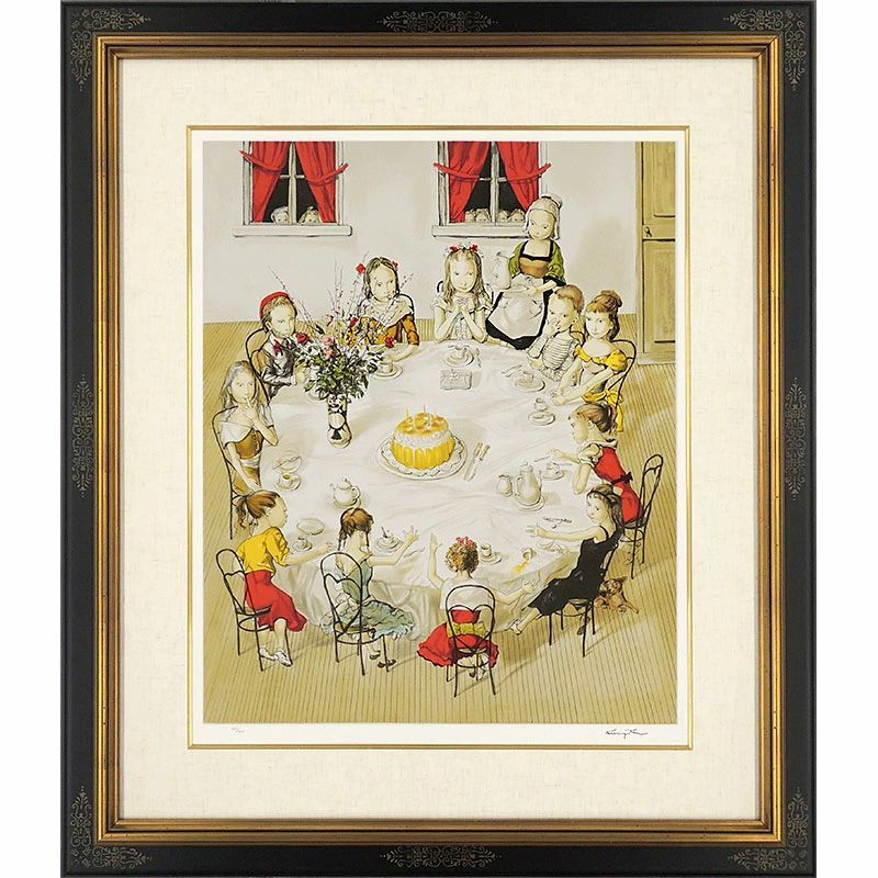 版画 藤田嗣治 お誕生日 リトグラフ 額付き 大型絵画 ADAGP保証書あり 人物画 子供たち 女の子のお部屋に かわいい バースデー 誕生会 Foujita 200部 YE417