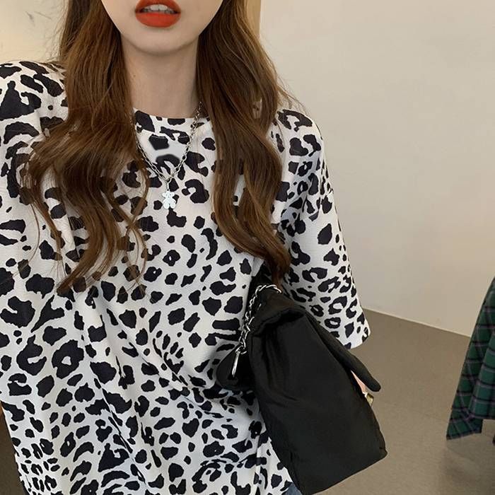 Tシャツ レディース トップス 半袖 夏 ロング丈 ヒョウ柄 体型