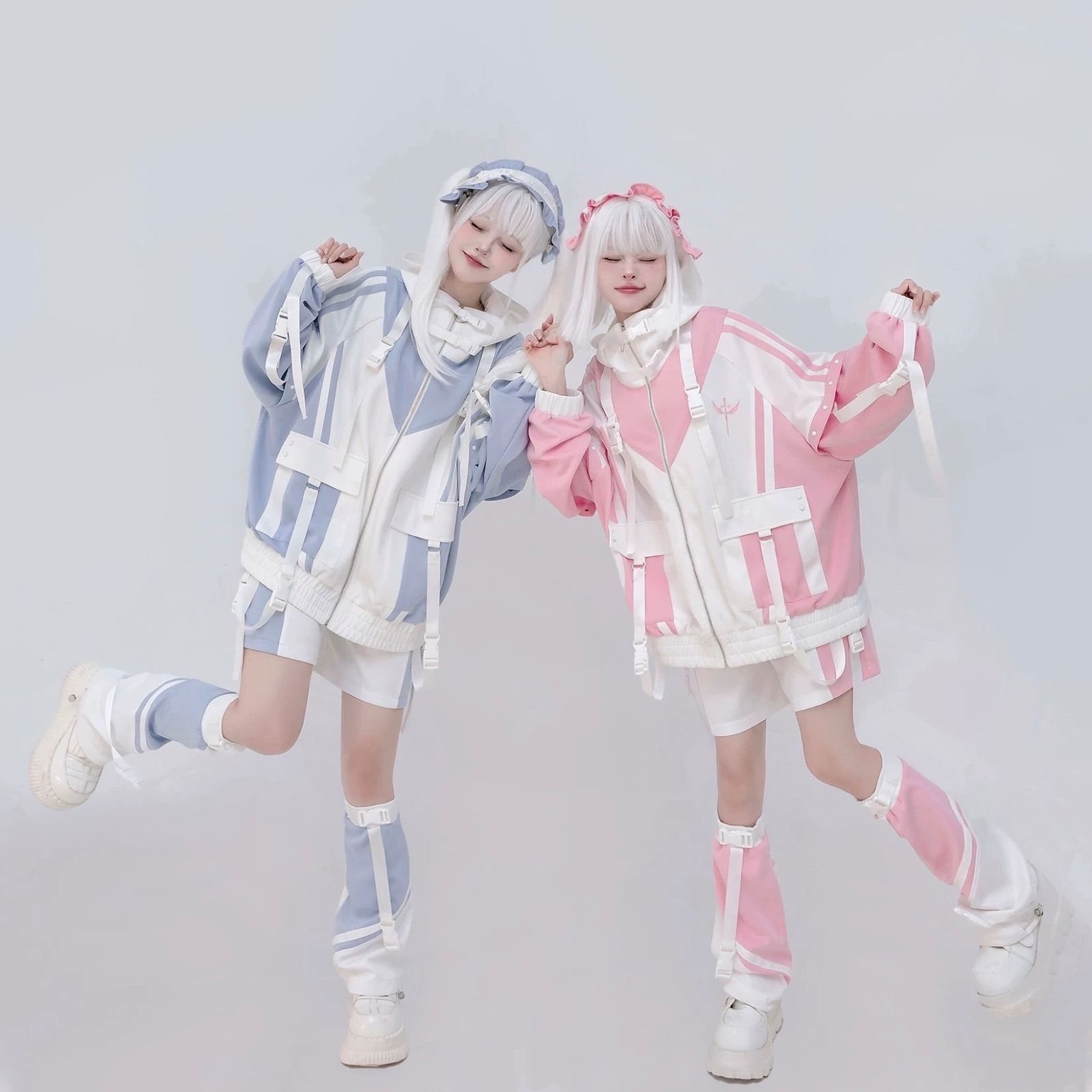 双子コーデも パステルブルー パステルピンク セットアップ ジェンダーレス ハイネック ジップアップ サブカル 服 オー