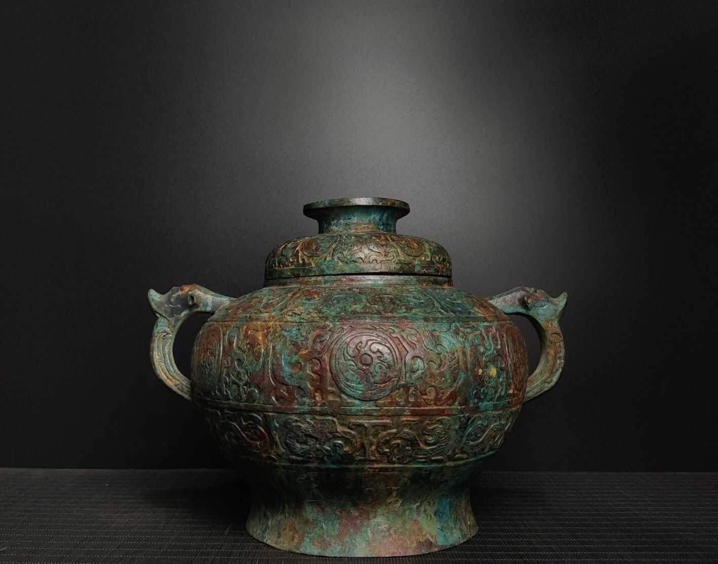 旧家蔵出し 商周 青銅器彫 青銅 龍耳圓罍 食器 祭祀品 副葬品 供養品 古美術品 収集家