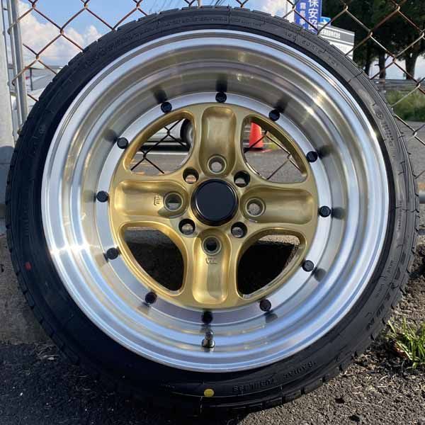 15インチ 8J ±0 PCD 100 114.3 4穴 タイヤホイール4本セット 165|50R15 165|55R15 軽 軽トラ 軽バン ローダウン車 旧車 深リム ゴールド 黒ビス