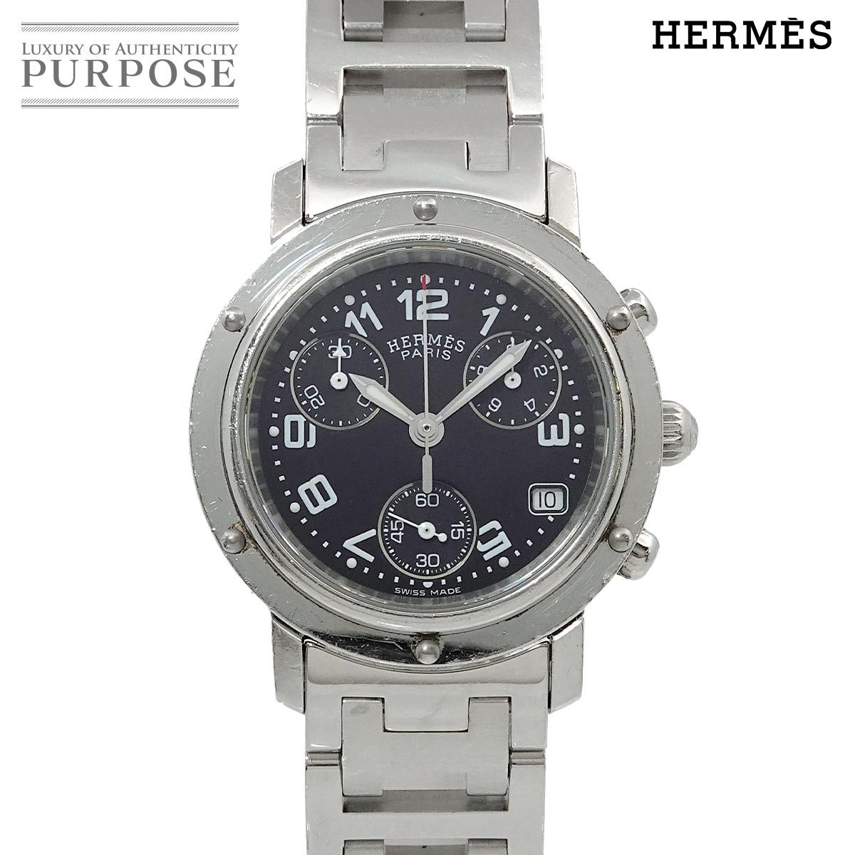 エルメス HERMES クリッパー クロノグラフ CL1 310 ヴィンテージ レディース 腕時計 デイト ブラック クォーツ Clipper 90283076