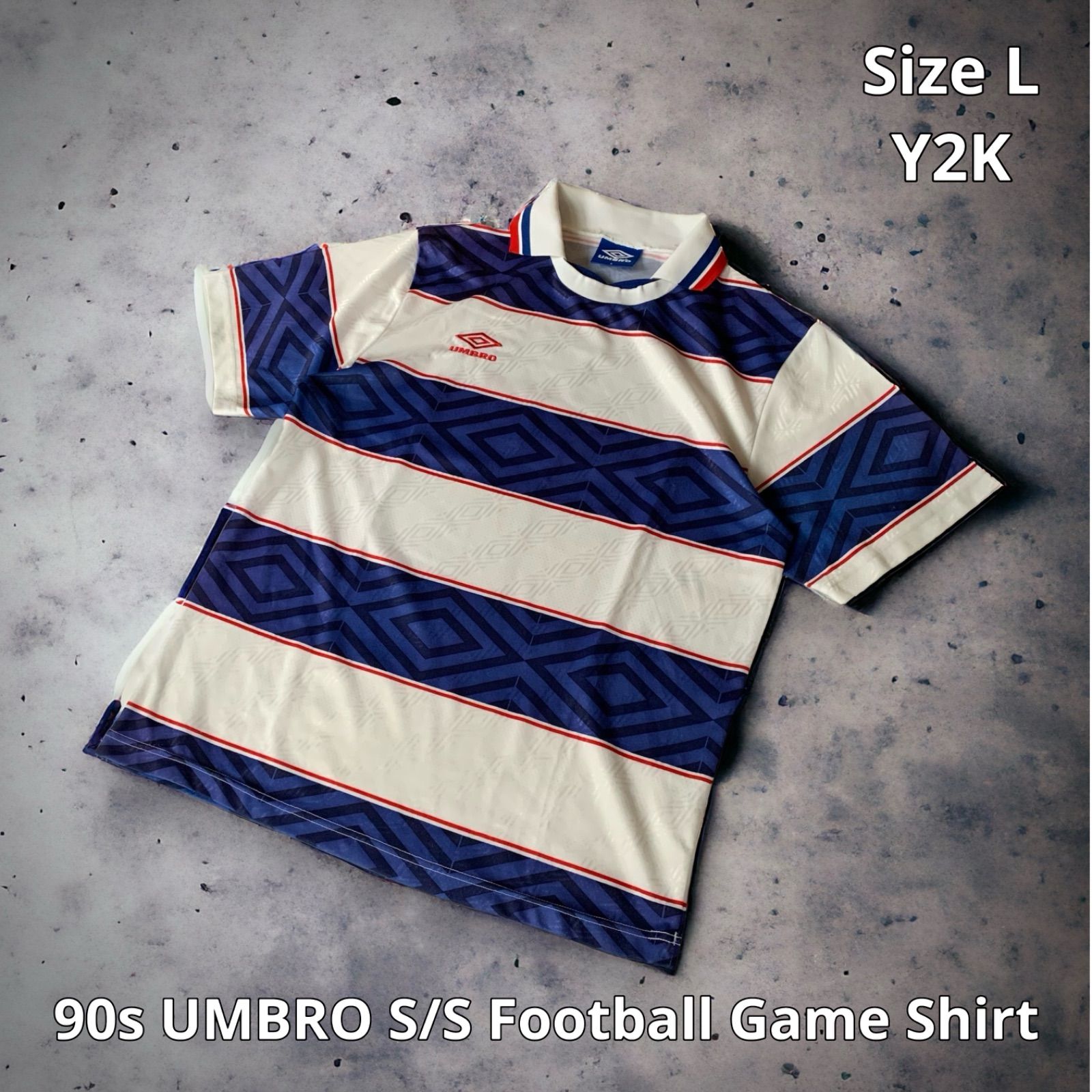 90s UMBRO S/S Football Game Shirt アンブロフットボールシャツ ゲームシャツ 半袖 ホワイト ブルー レッド Lサイズ  ロゴ刺繍 ボーダー Y2K ブロークコア フットボール サッカー ストリート アクロス