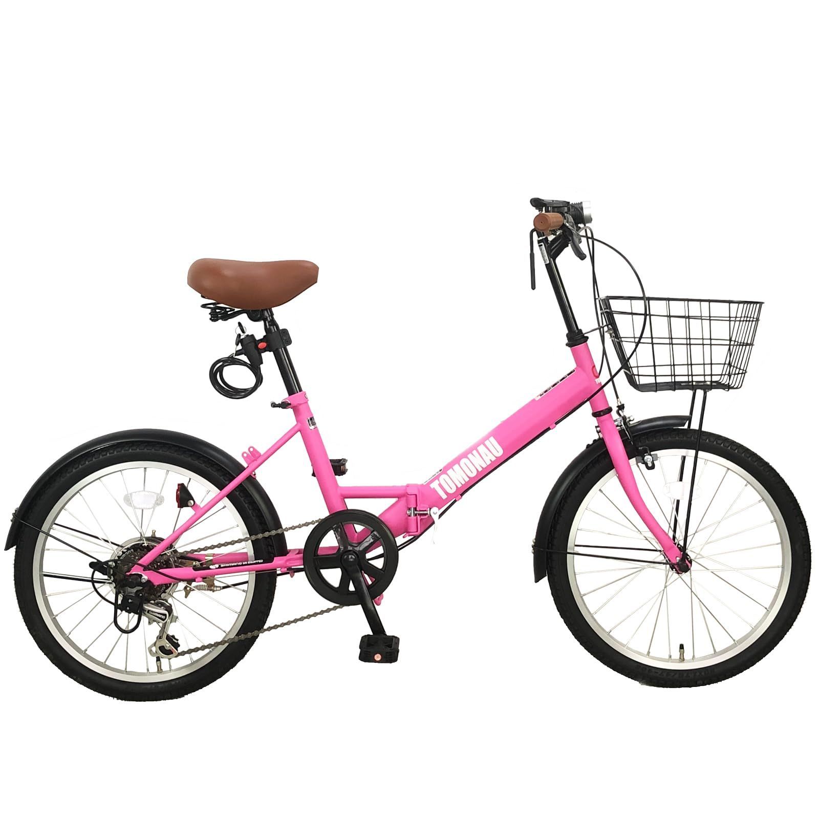 新商品 折りたたみ自転車 20インチ シマノ6段変速 カゴ ワイヤー錠 折り畳み自転車 ライト付き 通勤 通学 街乗 TOMONAU 前後泥除け装備 ハンドルの高さ調節できる 小径車 ミニベロ