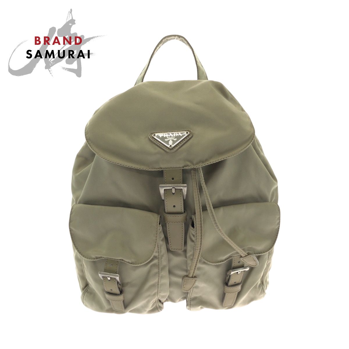 美品 PRADA プラダ テスート 三角ロゴプレート グレージュ シルバー 