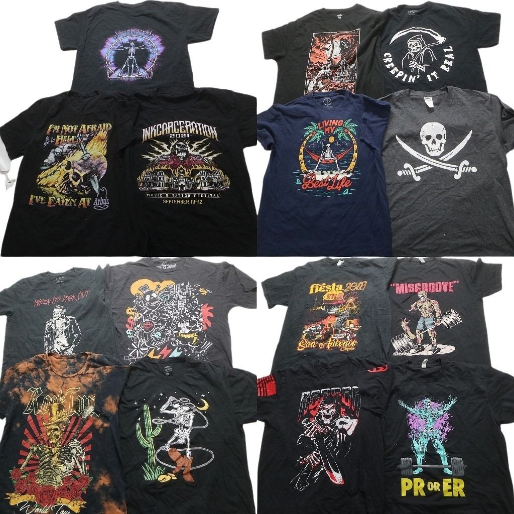 古着卸 スカル 髑髏 半袖Tシャツ 15枚セット メンズ L 大判プリント タイダイ柄 英文字 古着 NB3854