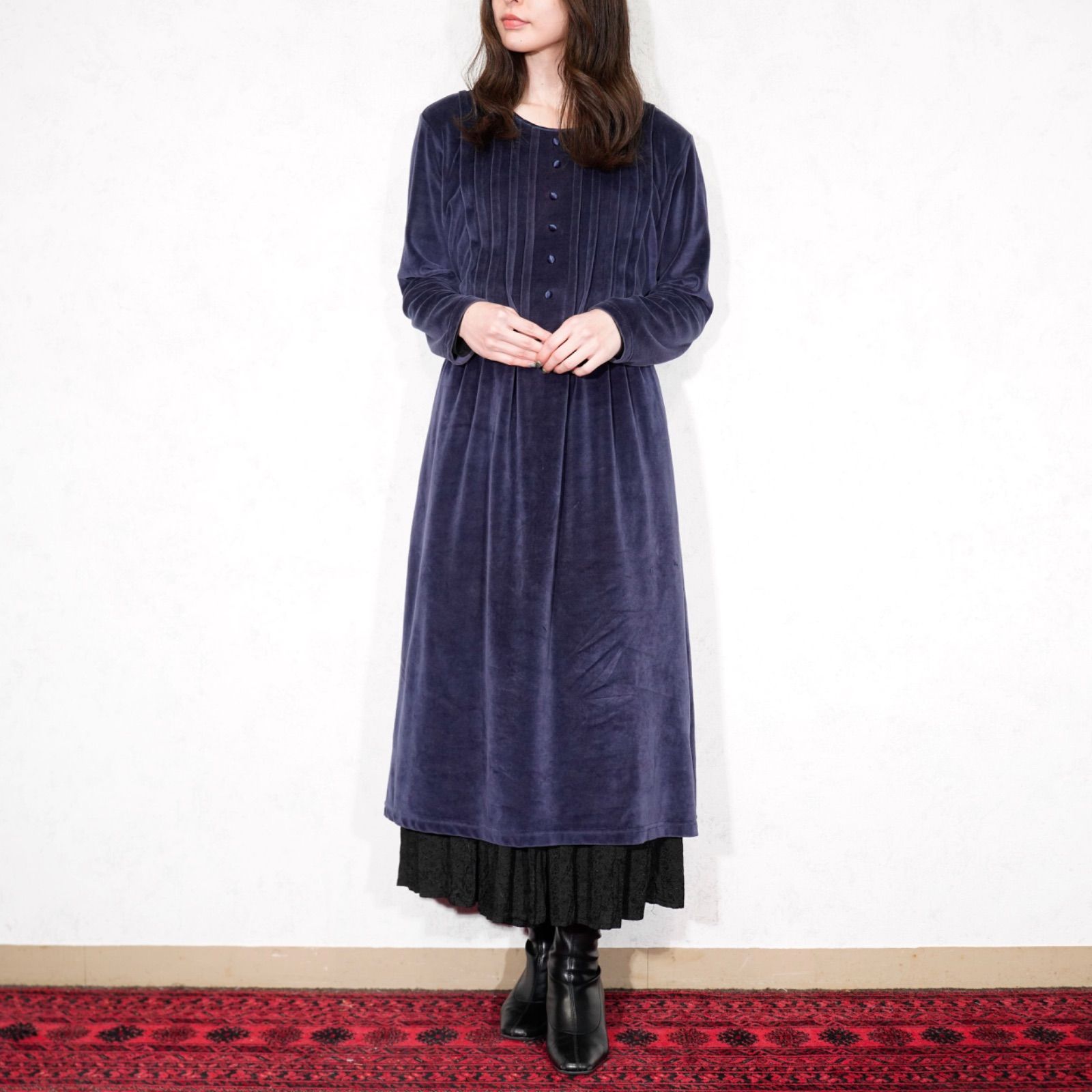 USA VINTAGE FADS BACK RIBBON PLEATES DESIGN VELOUR ONE PIECE|アメリカ古着バックリボンプリーツデザインベロアワンピース