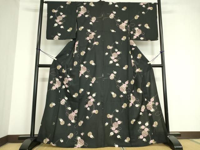 平和屋着物▽小紋 単衣 花毬文 黒地 洗える着物 DAAV5732az