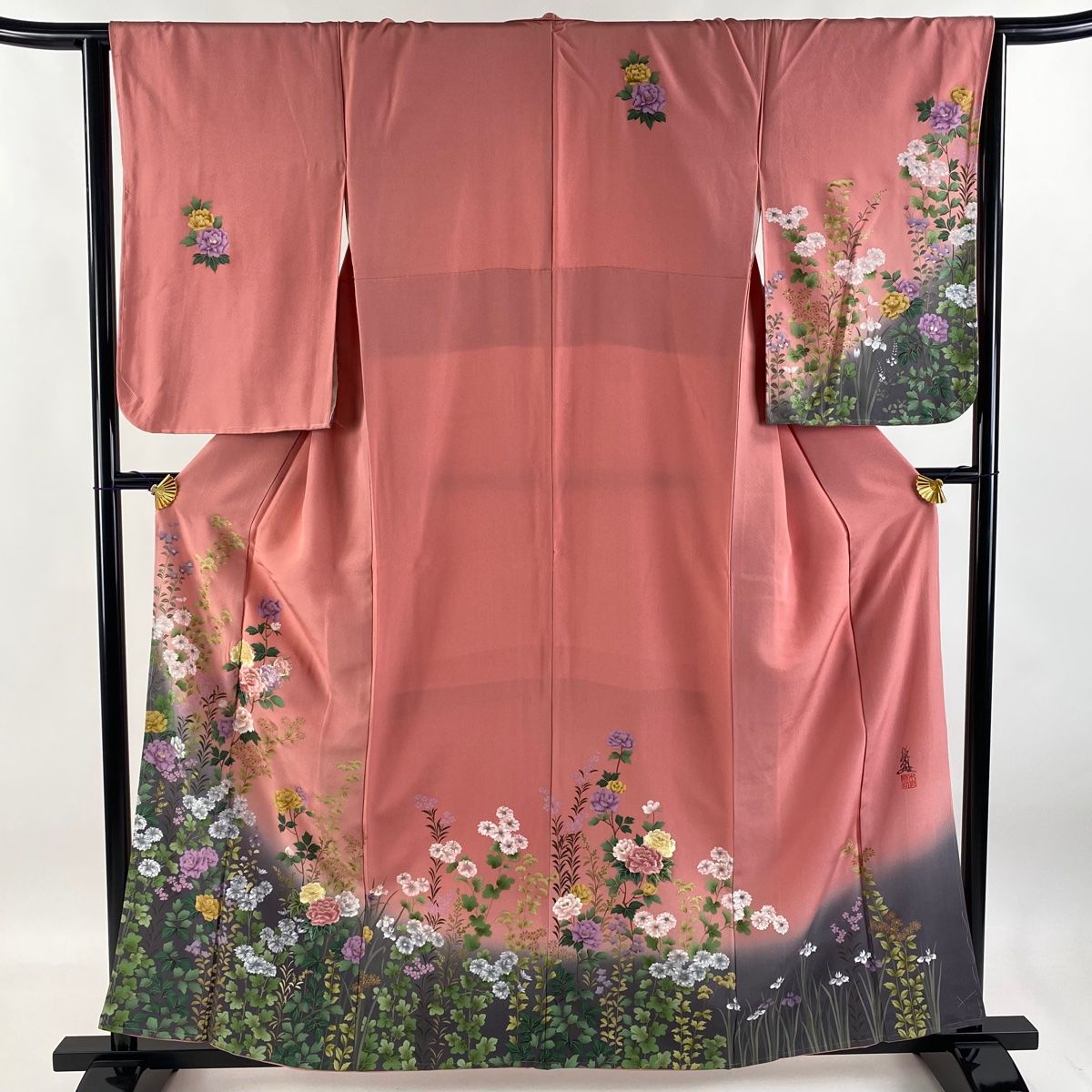 訪問着 身丈159.5cm 裄丈64.5cm M 袷 落款 牡丹 枝花 刺繍 金糸 ピンク 正絹 秀品