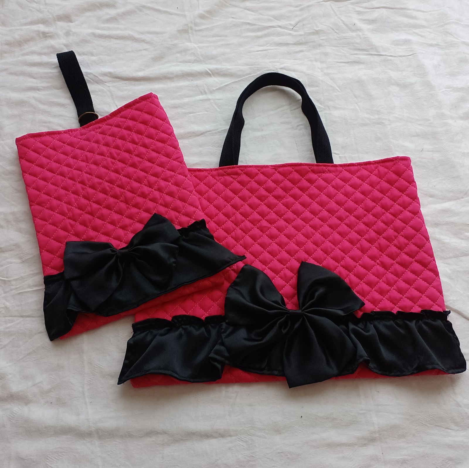 【姫系】入園入学 通園バッグ5点セット 濃いピンク×黒 リボン フリル かわいい 姫系】入園入学 通園バッグ5点セット 濃いピンク×黒 リボン フリル