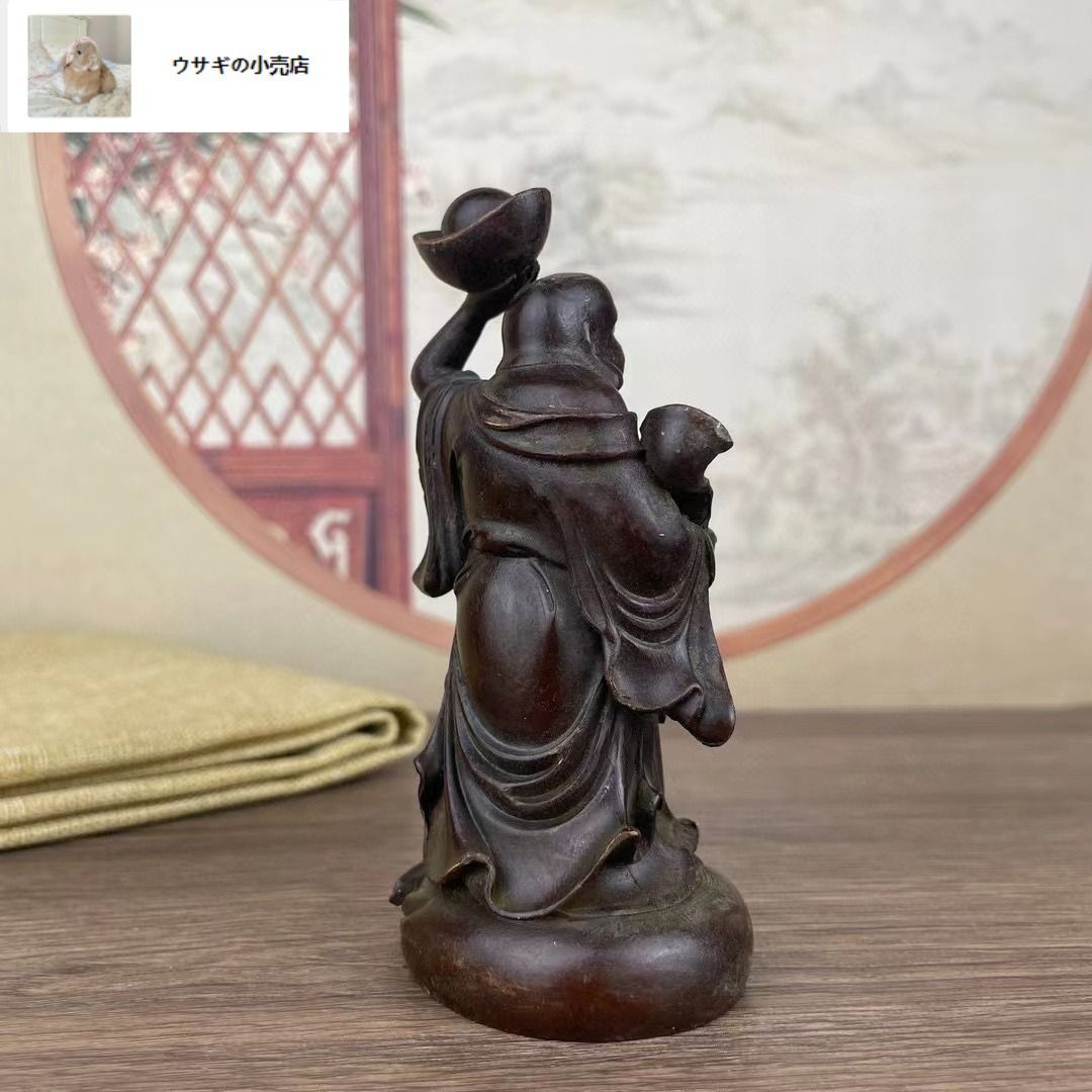 布袋 七福神　軍配　銅製 彫刻 仏像 置物　風水 開運 金運 骨董　アンティーク 布袋様 布袋尊 置物 銅製 特大サイズ（高さ46cm) 縁起 ご利益
