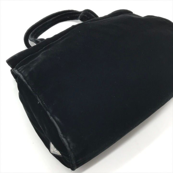 良品 PRADA プラダ 三角ロゴ プレート ベロア ハンド バッグ ブラック 