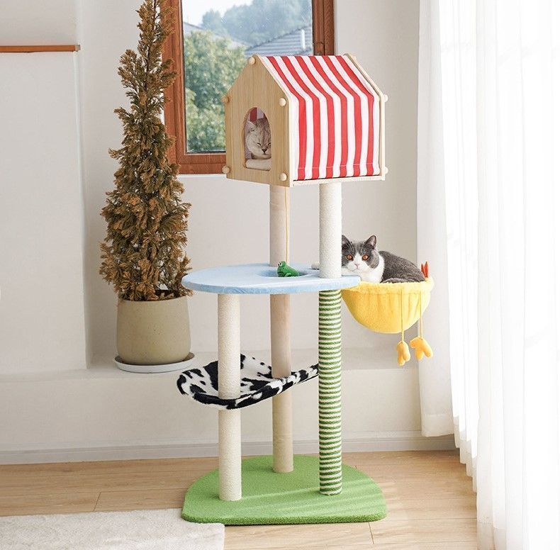 キャットタワー 木製 屋根付き 据え置き 多頭飼い スリム かわいい 爪とぎ ジャンプ台付き ストレス解消 運動不足 長持ち 高品質 猫 小型猫