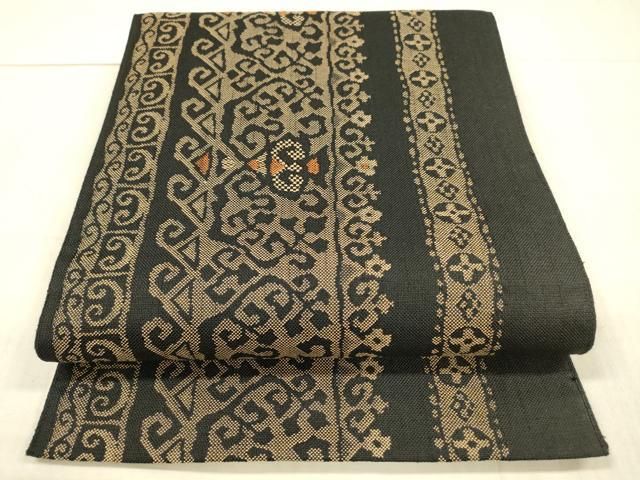 平和屋着物＊夏物 八寸名古屋帯 抽象間道 黒地 正絹 DAAX0285cm