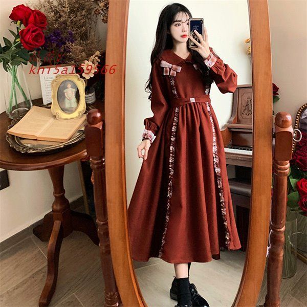 ワンピース 冬服 秋冬 長袖 フレンチ レトロ 大きいサイズ お出かけ Aライン かわいい おしゃれ リボン エレファッション レディース kni5a159566