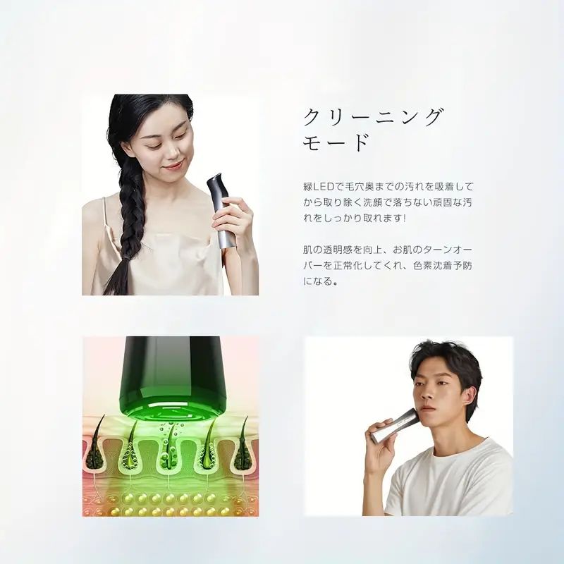 イオン抽出、イオン導入、6つの異なるモード、3つのレベル、アイケア、温冷ケア、クレンジングなど、複数の機能を備えた美顔器です。