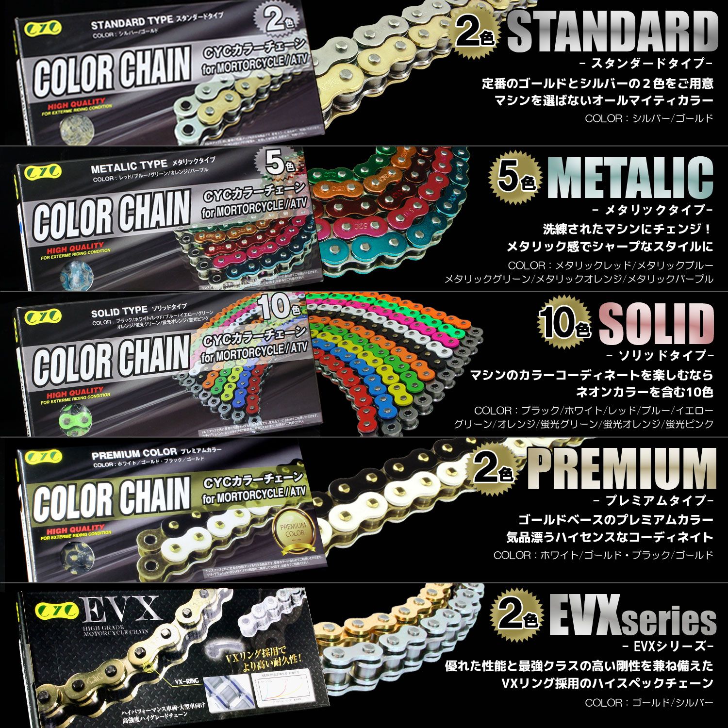 CYC バイクチェーン 蛍光グリーン 緑 420-120L カラーチェーン ドライブチェーン ノンシールチェーン ☆車種検索可☆CYC 525-120L バイクチェーン 蛍光グリーン CYC バイク