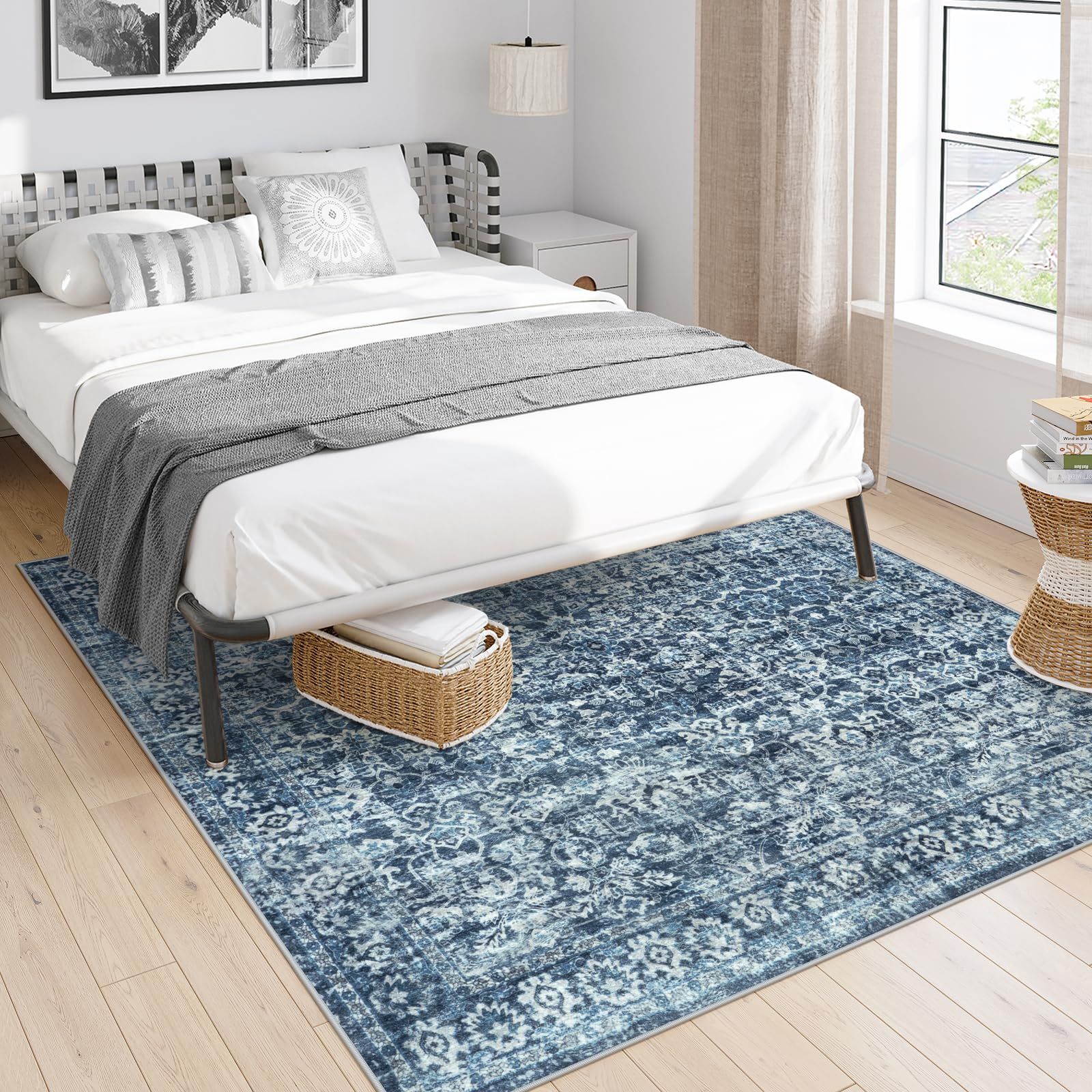 HAOCOO カーペット ラグ 2畳 洗える 185×185cm 正方形 オールシーズン適用 絨毯 ペルシャ風 ふわふわ おしゃれ 滑り止め ホットカーペット対応 防ダニ 防臭 防音 リビング ダイニング デスクマット アンティーク 花柄 ブルー MARWIL-DEMENAGEMENTS_CH