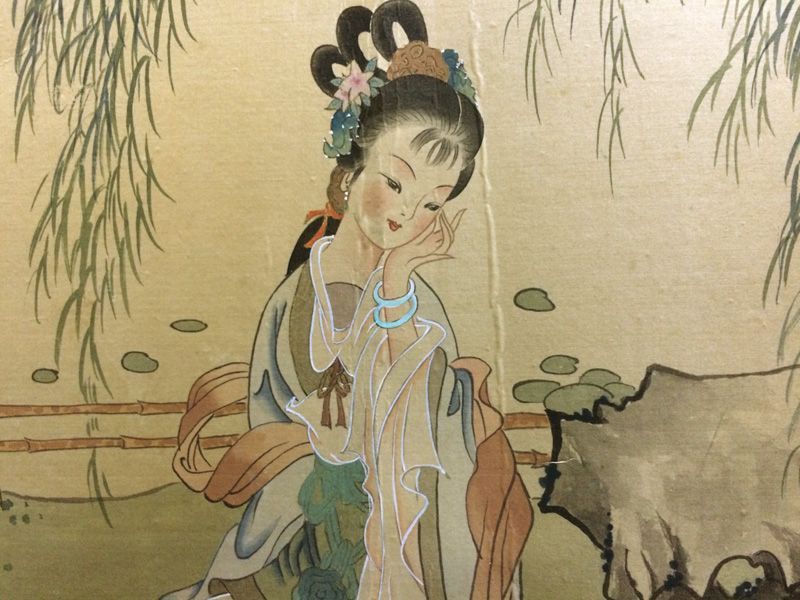 中国画　天女 王岳 作 額装　原画 　名：王岳王岳絵のサイズ
