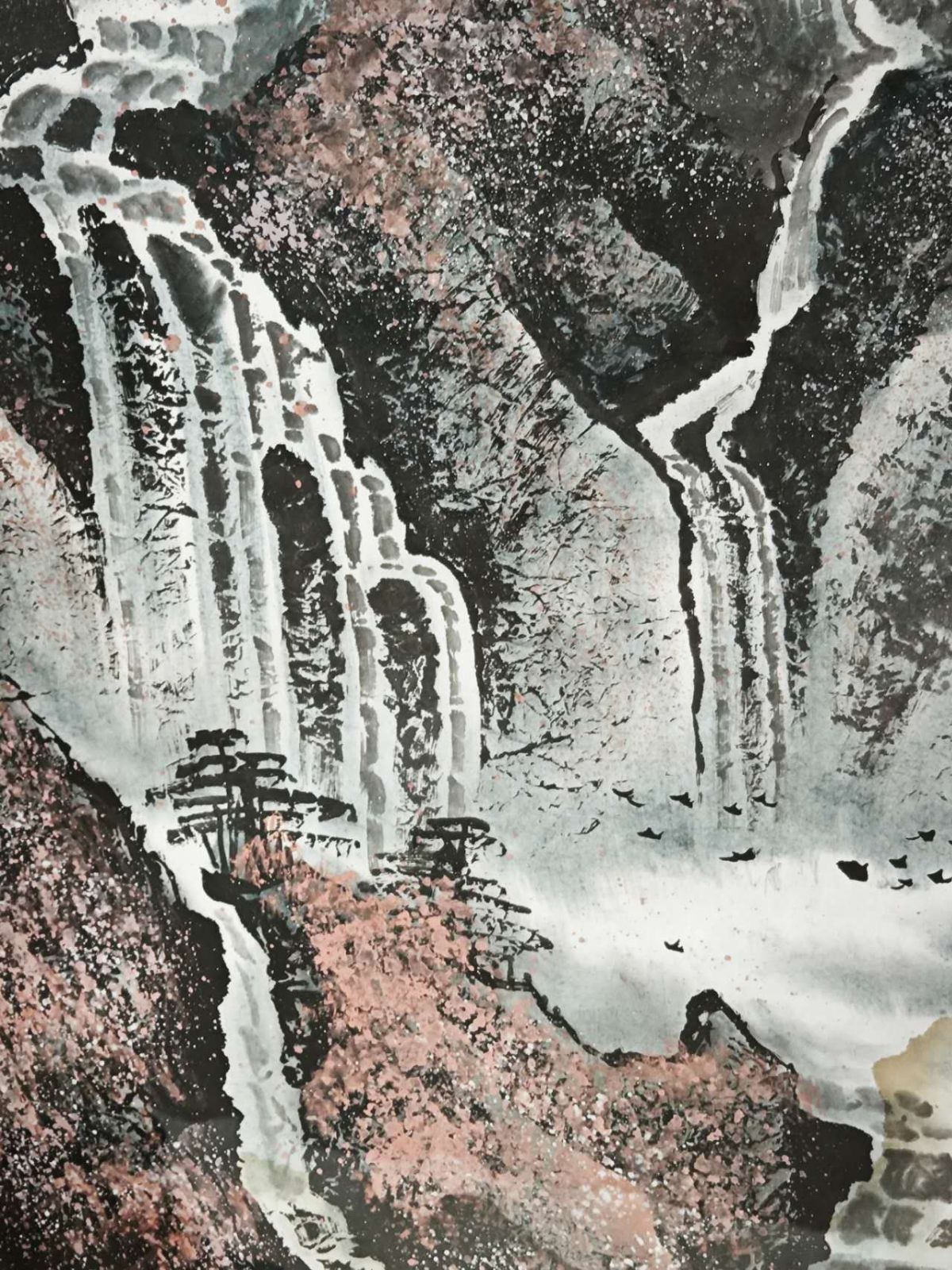 秋韻 甲戌年 水墨画 山水画 落款入り 額装 紙本