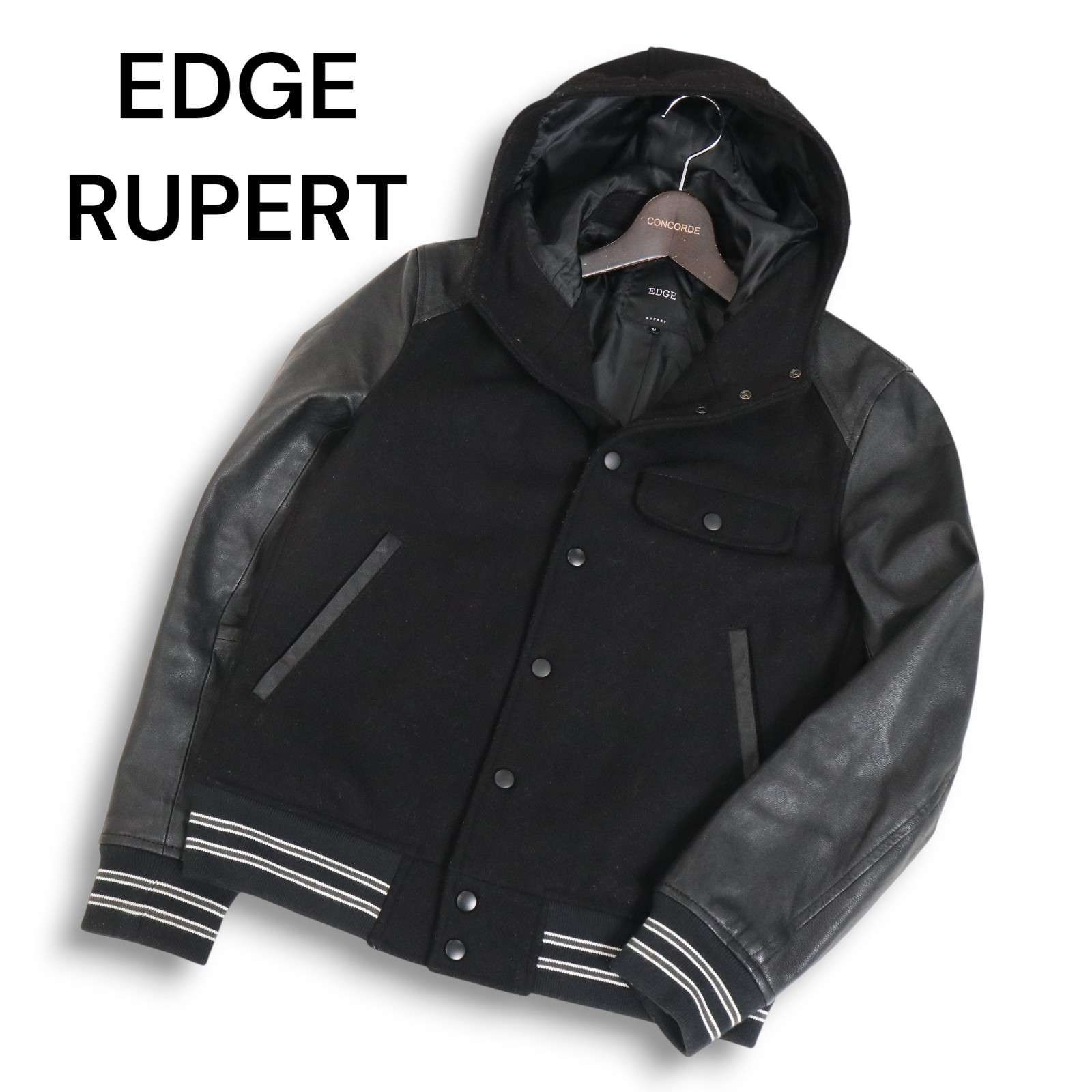 EDGE RUPERT ルパート 秋冬 袖革★ 山羊革 ゴート レザー × ウール フーディー スタジャン ジャケット Sz.M　メンズ 黒 EDGE RUPERT ルパート 秋冬 袖革☆ 山羊革 ゴート レザー × ウール