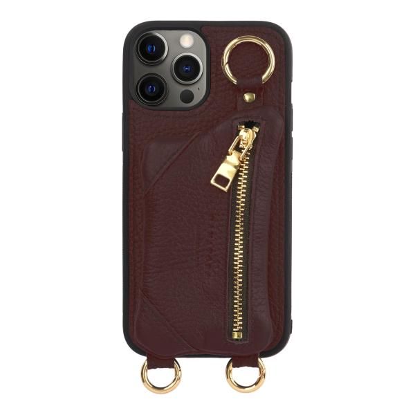 iPhone 12ProMax ケース ショルダー ファスナー カバー カード 収納 ワイン 12ProMax-Wine