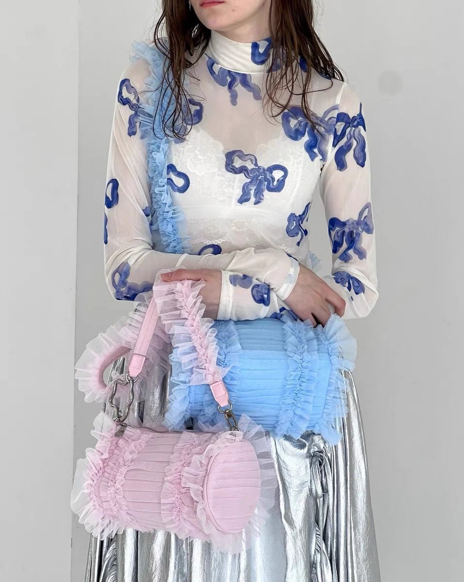 POPPY リボンシースルートップス Blue ribbon see-through tops (High neck) – POPPY