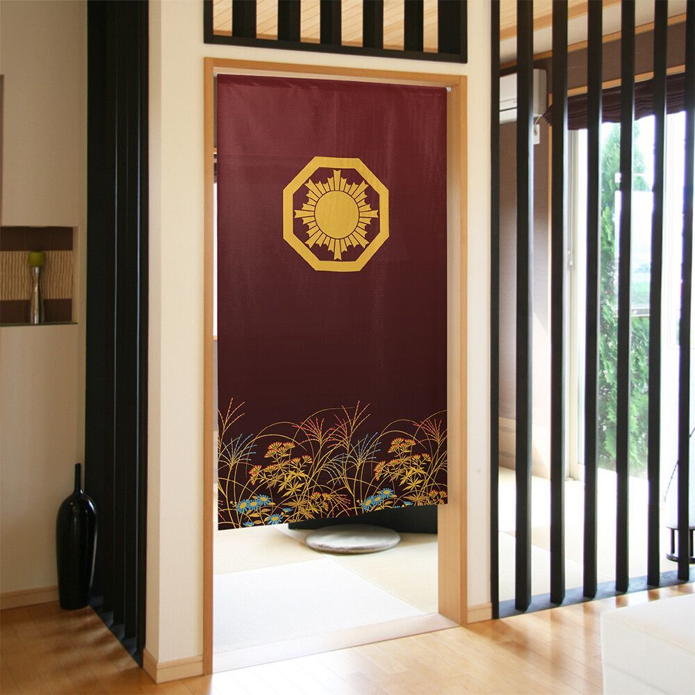 ■SIMON BAKER■のれん「家紋 八角に大旭光 秋草」85x150cm ×3枚セット【日本製】目隠し 暖簾 家紋 歴史 間仕切り タペストリー【家紋のれん】【匿名配送らくらくメルカリ便 送料無料】
