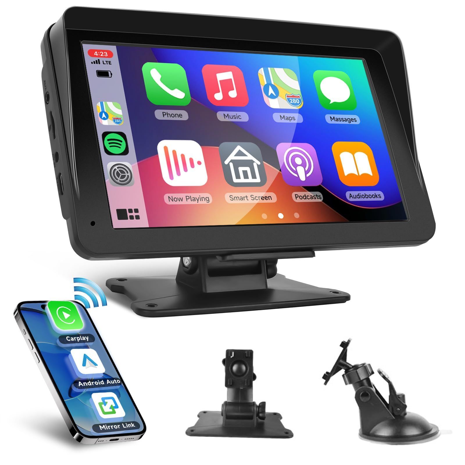 商品 ポータブルカーオーディオ ナビゲーション一体型 簡単着脱 ミラーリング機能付き Apple CarPlay Android Auto対応 Bluetooth USB AUX入力 車載FMトランスミッター ナビゲーション 音楽 スマホ